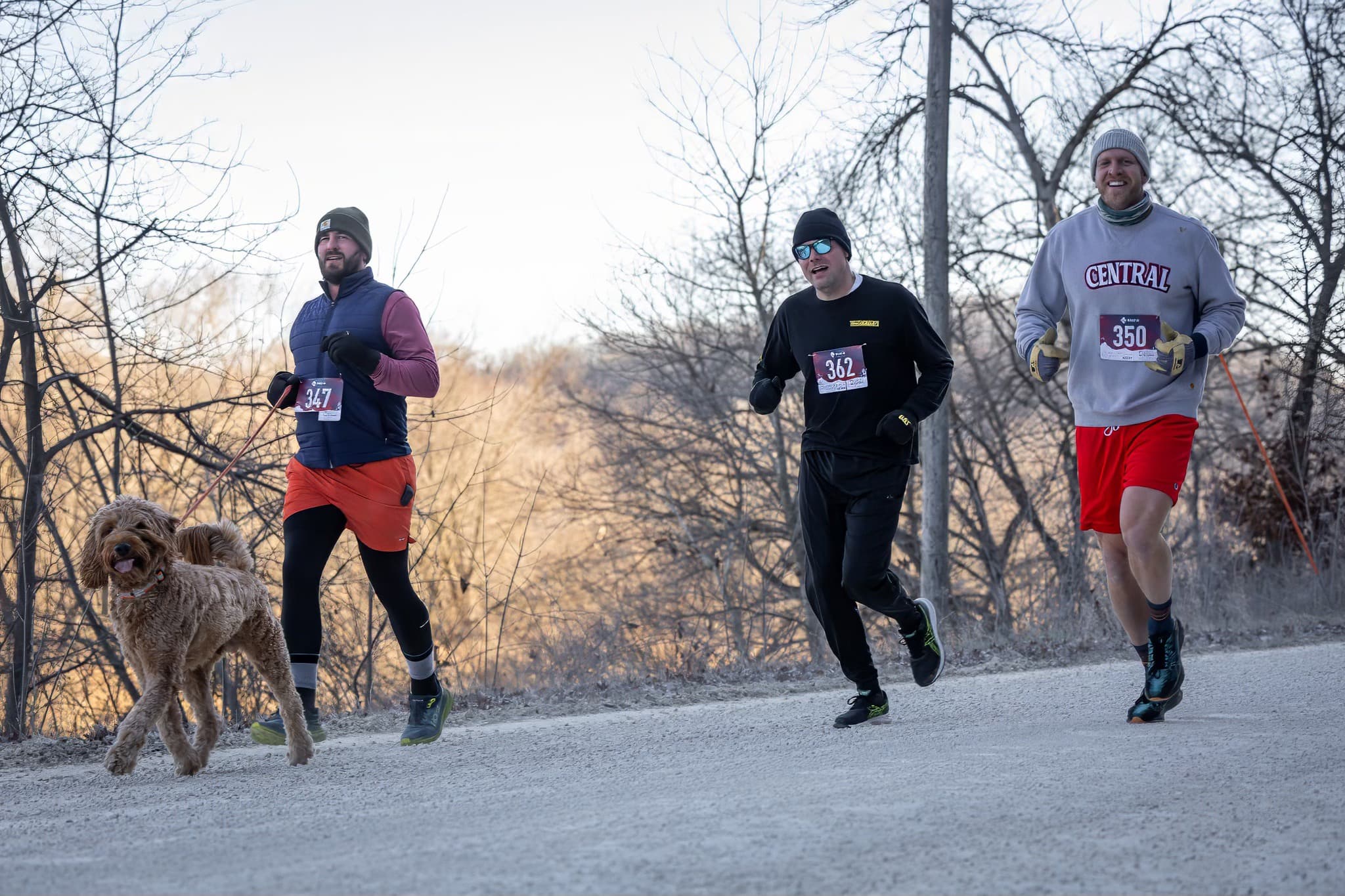 Three runners and a doodle on the frosty river road