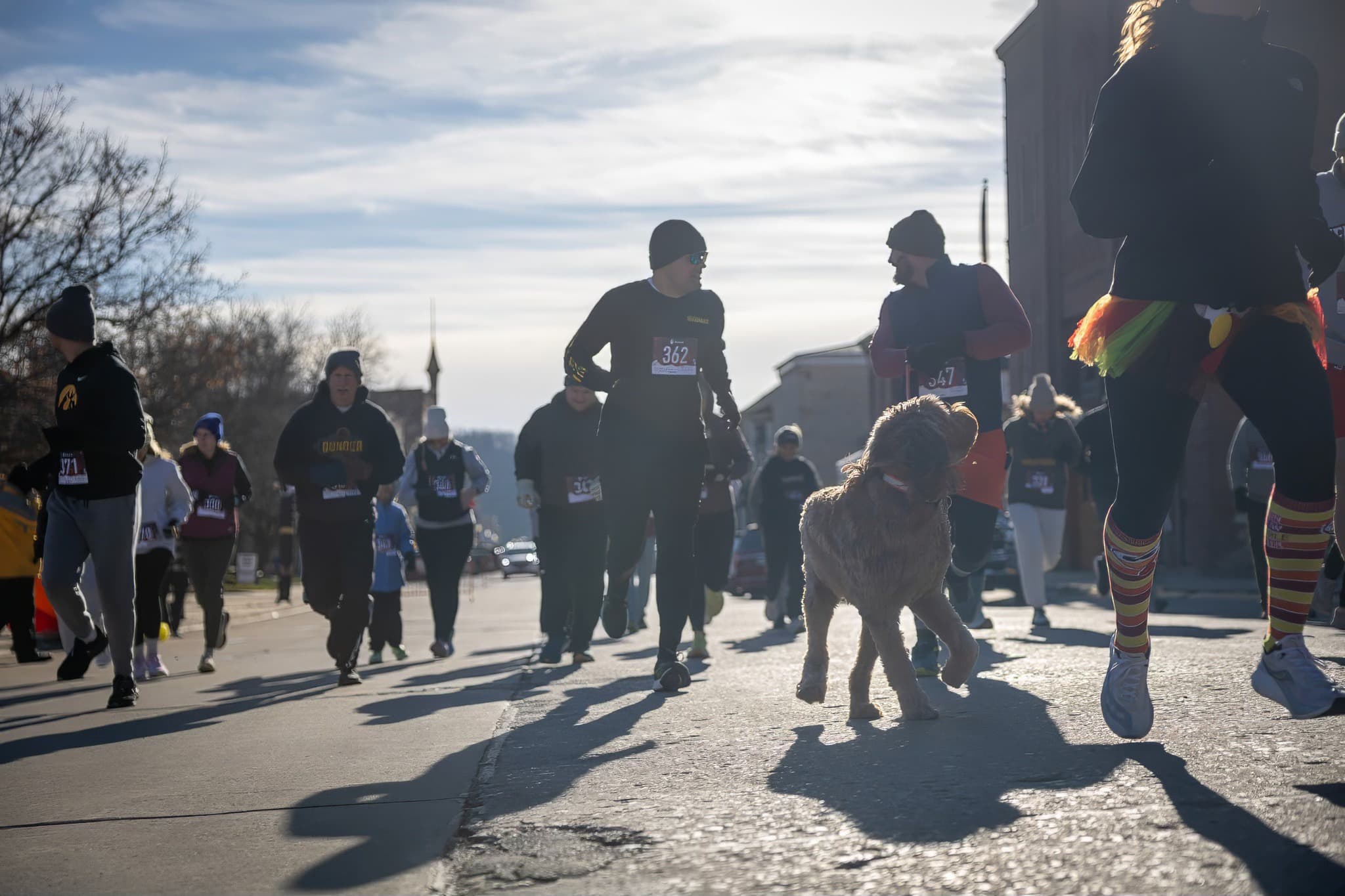 Runners and one very happy dog leaving the start line in downtown Elkader